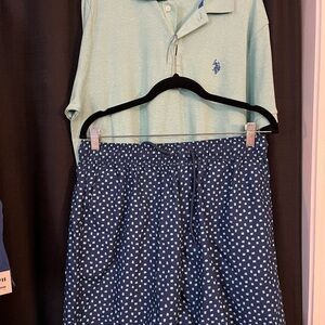 Mint Green Polo Shirt and Navy Polka Dot Shorts